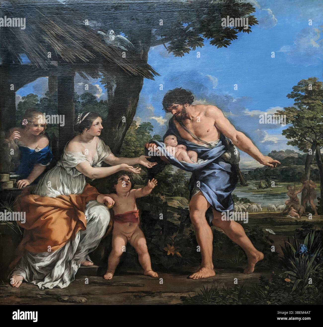 Le tableau 'Romulus et Rémus recueillis par Faustulus' de Pietro da Cortona, créé dans les années 1640, représente l'histoire mythologique des jumeaux Romulus et Remus trouvés et nourris par le berger Faustulus. La pièce est conservée au Musée du Louvre et est un bel exemple de baroque fermé Banque D'Images