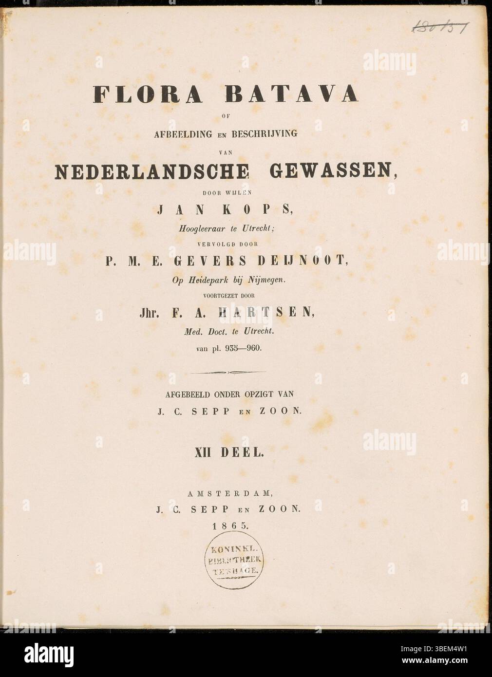 La page de titre du volume 12 de Flora Batava, publié en 1865 et édité par Frederik Anthony Hartsen, présente une série botanique néerlandaise documentant les espèces végétales indigènes. Banque D'Images