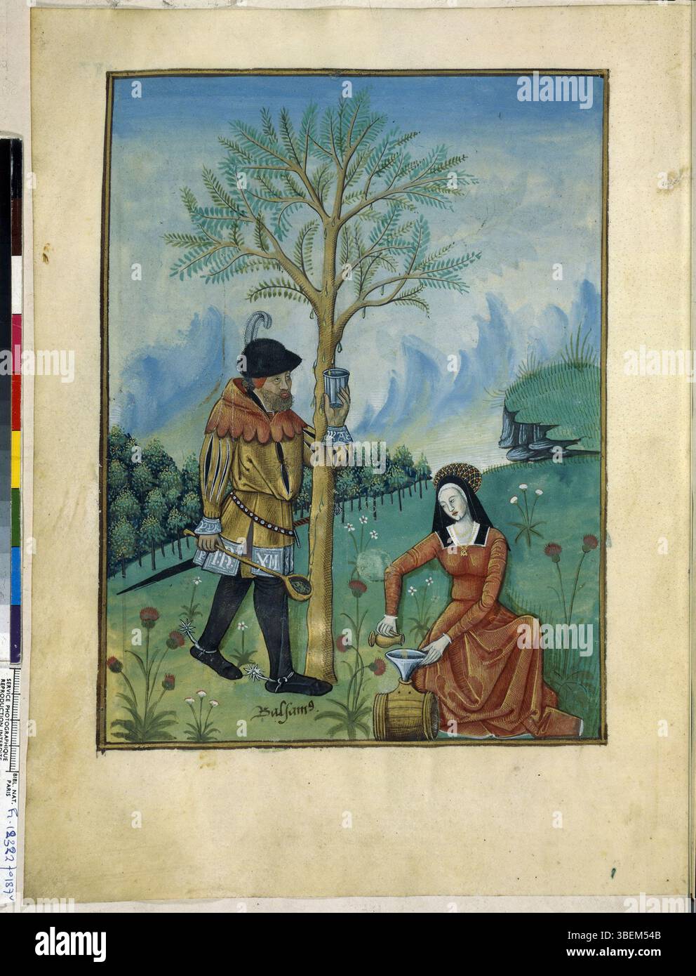 BNF Français 12322, folio 187v, entre 1520 et 1530, contient une illustration illuminée qui reflète le style artistique détaillé de la Renaissance française. Ce manuscrit est connu pour ses couleurs vives, ses figures détaillées et le lien complexe entre l'art visuel et les thèmes religieux. Banque D'Images