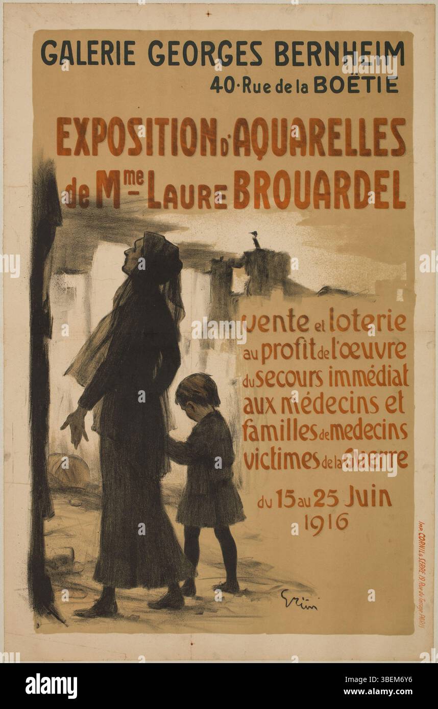 Une publicité pour une exposition d'aquarelles de Laure Brouardel, créée par Jules-Alexandre Grün. L’exposition, qui a eu lieu pendant la première Guerre mondiale en 1916, présente l’aquarelle de Brouardel, soulignant ses contributions artistiques en temps de guerre. Banque D'Images
