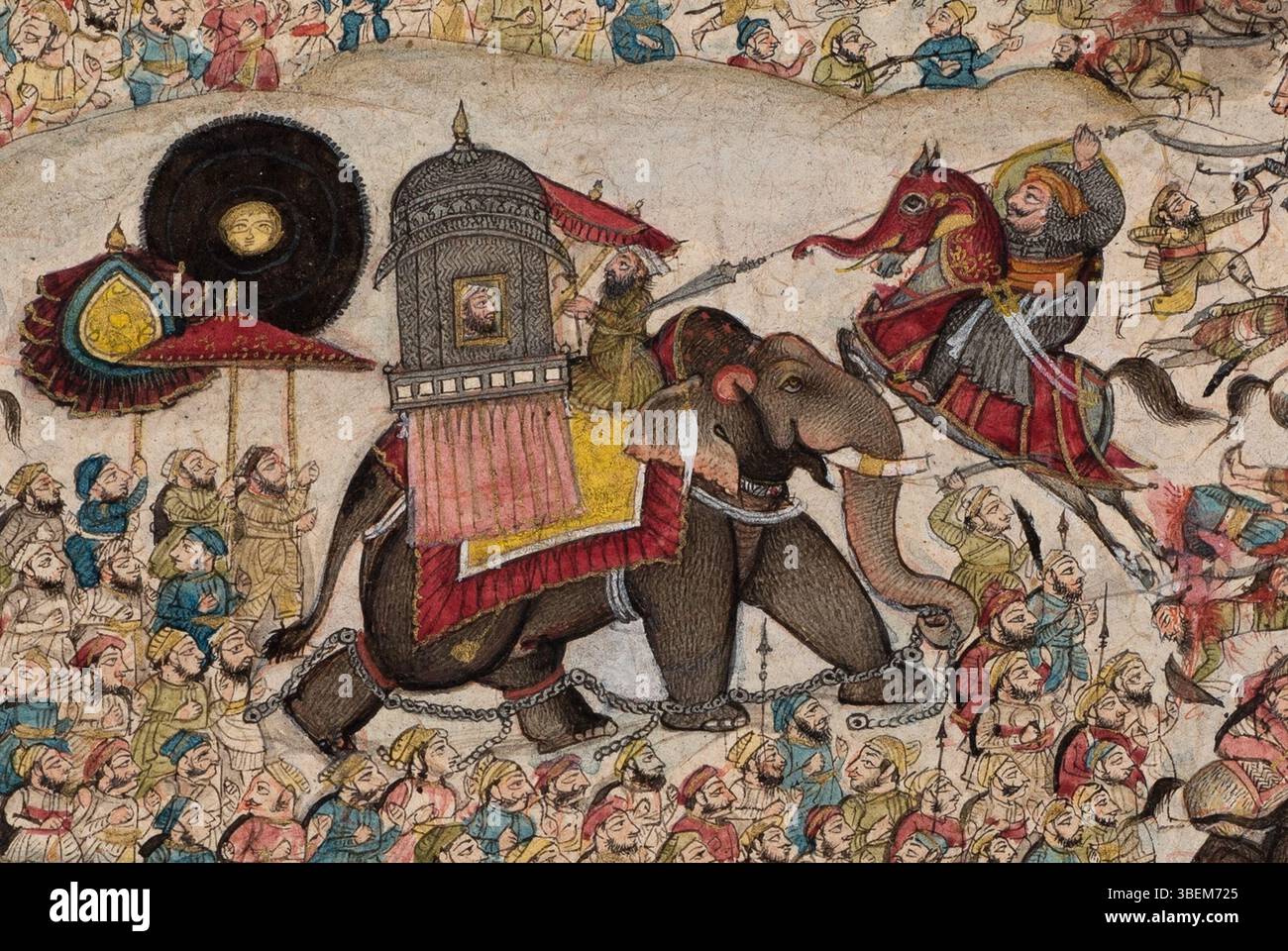 Cette peinture de chokha, datant d'environ 1810-1820, représente Maharana Pratap Singh de Mewar attaquant Man Singh d'Ambre pendant la bataille de Haldighati (1576), un conflit historique entre les Rajputs et l'Empire moghol. Banque D'Images Cette peinture de chokha, datant d'environ 1810-1820, représente Maharana Pratap Singh de Mewar attaquant Man Singh d'Ambre pendant la bataille de Haldighati (1576), un conflit historique entre les Rajputs et l'Empire moghol. Banque D'Images