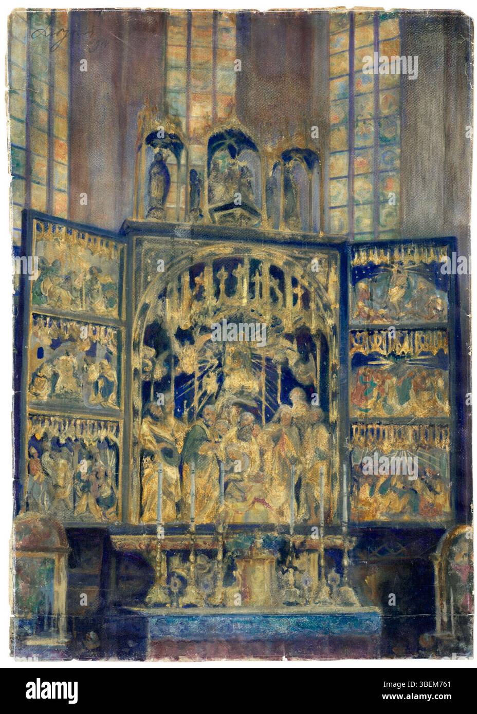 Léon Wyczókowski (1852-1936) capture la grandeur du haut retable de Veit Stoss dans la basilique Marie de Kraków, dans son tableau. Cette œuvre met en valeur l'iconographie religieuse complexe et l'échelle monumentale du retable. Banque D'Images