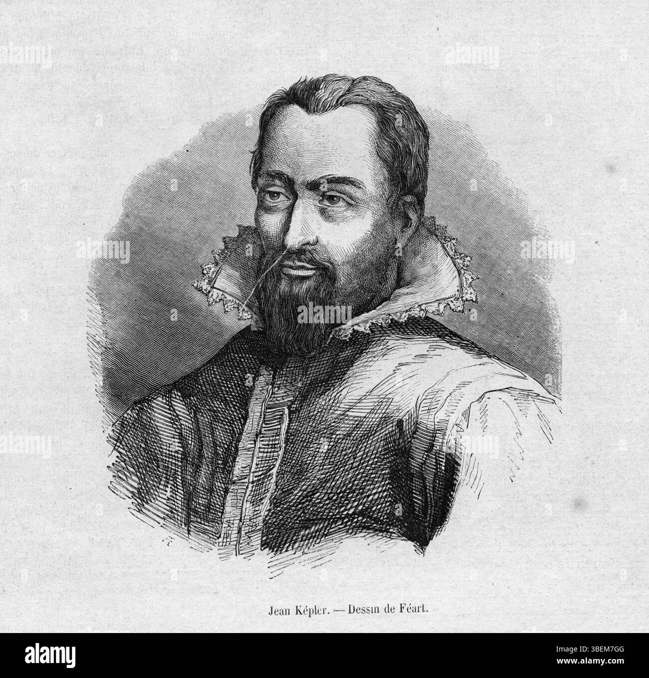 Une estampe du célèbre scientifique Johannes Kepler, basée sur une gravure antérieure d'Adrien Féart. L'estampe représente les contributions de Kepler à l'astronomie et à la physique, bien que la date exacte reste inconnue. Banque D'Images