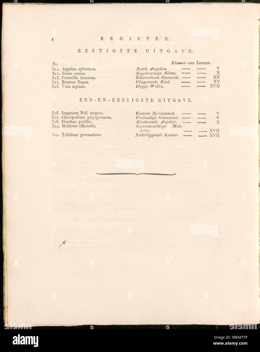 Page quatre de la liste des plantes dans le volume 4 de Flora Batava (édition KB), contenant d'autres représentations et descriptions de plantes par Jan Kops de 1822. Banque D'Images