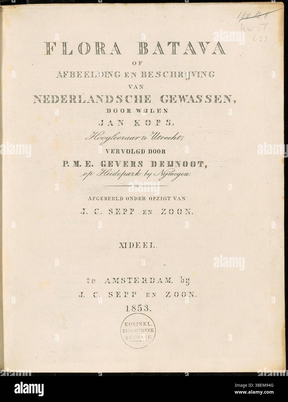La page de titre de Flora Batava volume 11, publiée en 1853 par Pieter Marie Eduard Gevers Deynoot, fait partie d'un ouvrage botanique néerlandais détaillant les espèces végétales indigènes. Banque D'Images