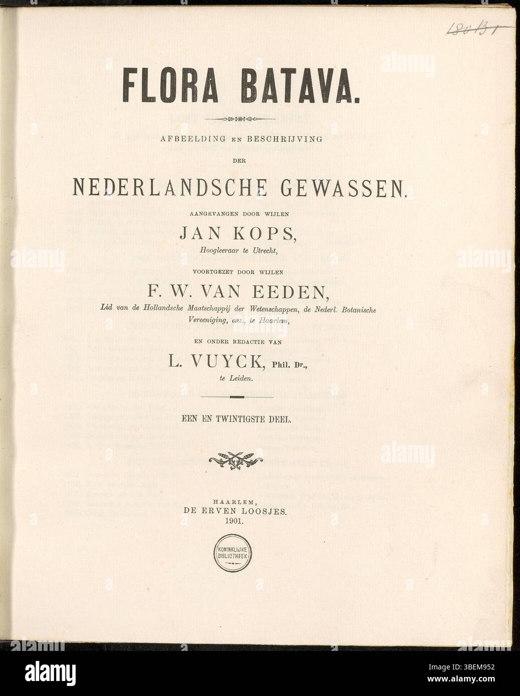 La page de titre de Flora Batava, volume 21, publié en 1901, créé par Laurens Vuyck, présente l'œuvre botanique 'Afbeelding en Beschrijving der Nederlandsche Gewassen'. Ce volume, qui fait partie d'une série botanique complète, fournit des illustrations et des descriptions de plantes hollandaises. Banque D'Images