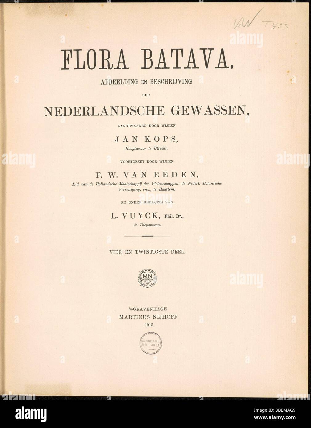 La page de titre de *Flora Batava* volume 24 (1915), illustrée par Laurens Vuyck, fournit des représentations et des descriptions détaillées des plantes hollandaises, offrant de précieuses connaissances botaniques du début du XXe siècle. Banque D'Images