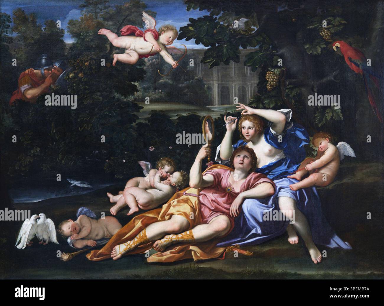 Renaud présentant un miroir à Armide (Rinaldo et Armida) de Domenichino, peint dans les années 1610, dépeint la rencontre romantique entre le chevalier Rinaldo et la sorcière Armida, à partir du poème épique Gerusalemme Liberata. La peinture est un chef-d'œuvre du baroque compris Banque D'Images