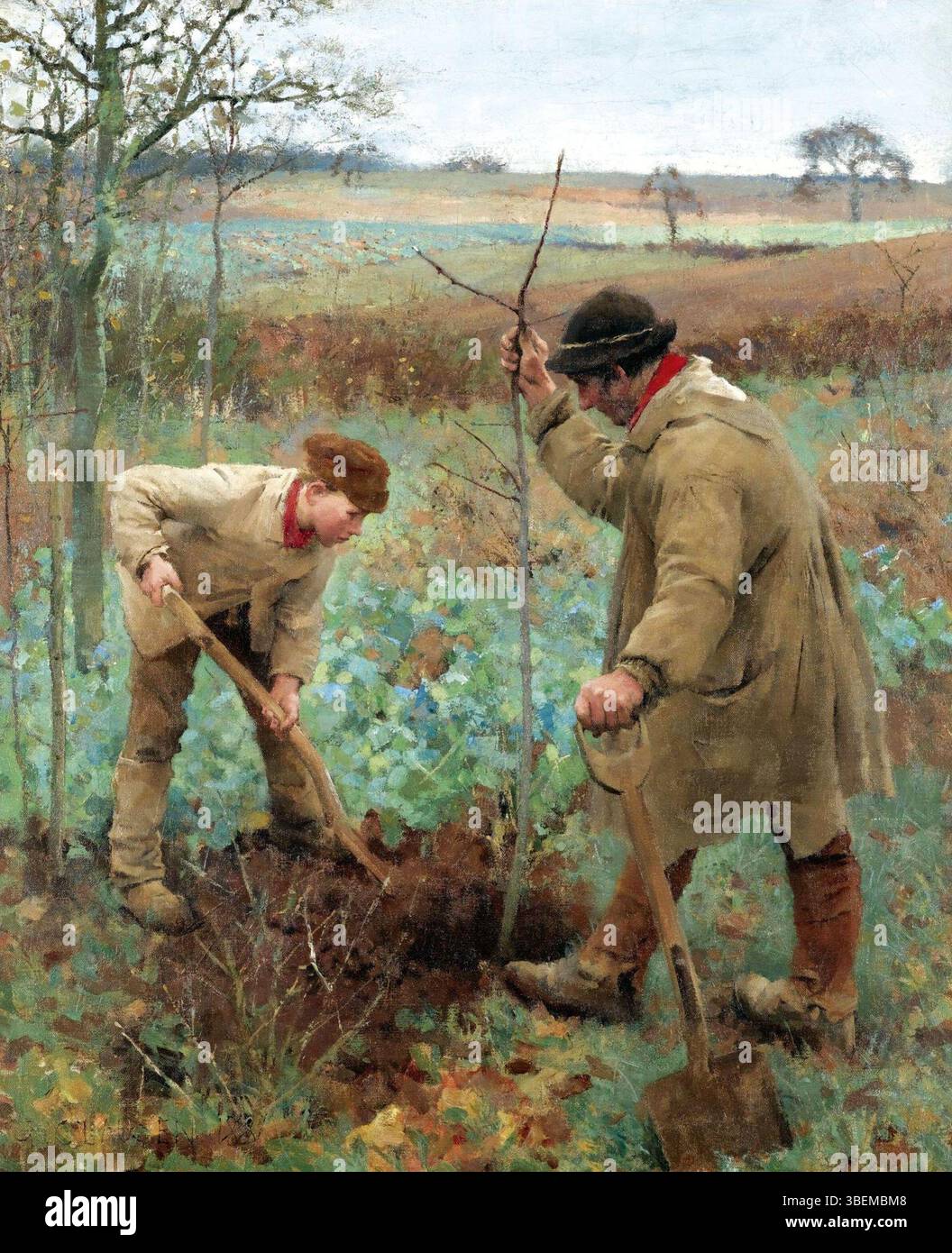 Planter un arbre, une peinture de George Clausen de 1888, représente une scène rurale d'un homme plantant un arbre, en utilisant de l'huile sur toile. Banque D'Images