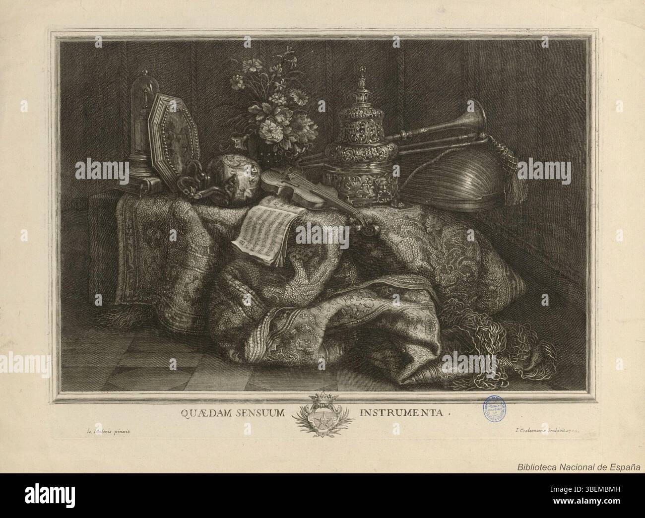 1703 Jacobus Coelemans gravure d'après Francesco Noletti montrant une nature morte d'instruments de musique : luth, violon, cor et partitions disposées sur une table drapée de tissu. Banque D'Images