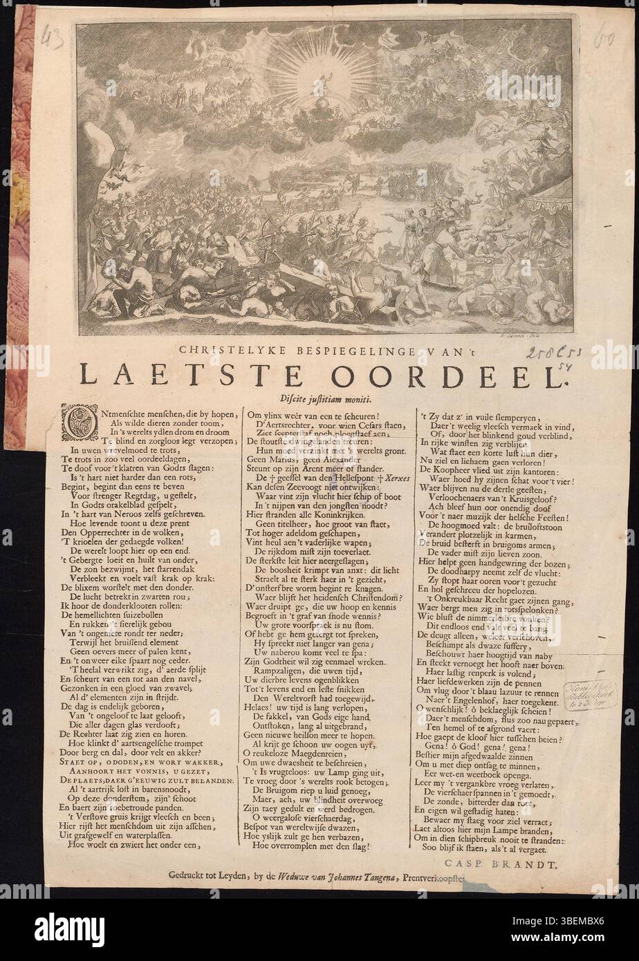 Christelyke bespiegelinge van 't Laetste Oordeel' est une œuvre de Casp datant de 1700. Brandt, publié à Leyde. Il réfléchit sur le concept chrétien du jugement dernier, offrant des réflexions théologiques sur le salut et le jugement final. Banque D'Images