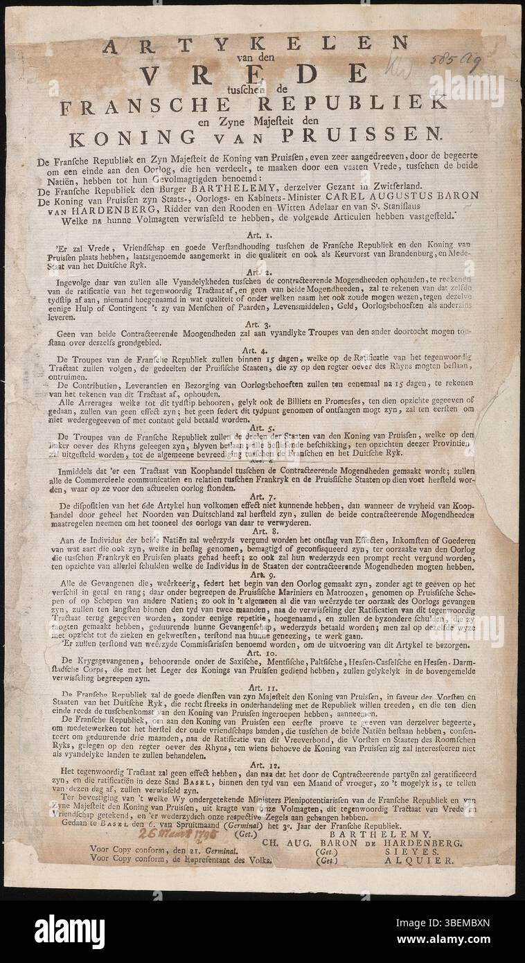 Ce document, datant de 1795, expose les articles de paix entre la République française et le Royaume de Prusse. Signé à Bâle, il marque un événement diplomatique important dans l'histoire de l'Europe à l'époque de la Révolution française. Banque D'Images