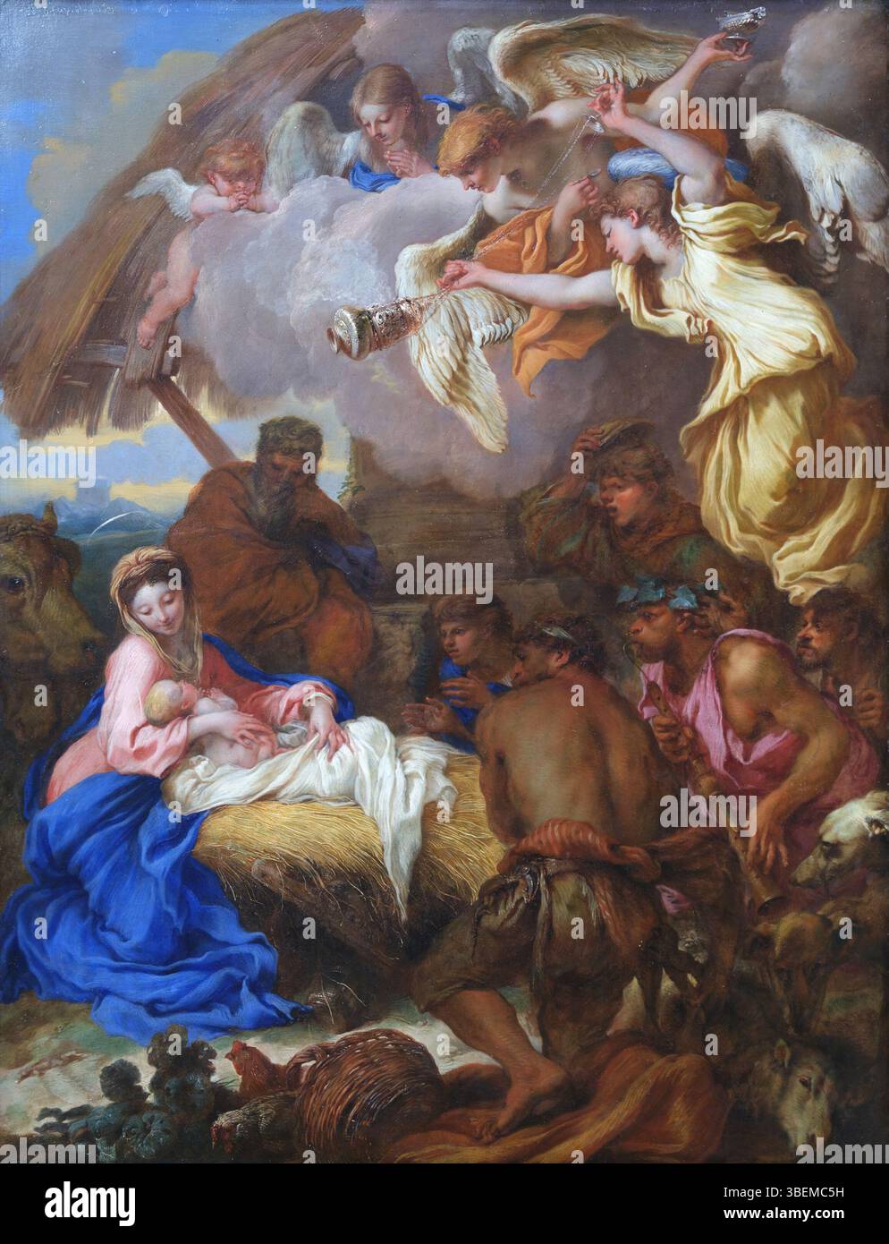 'L'Adoration des bergers' de Giovanni Benedetto Castiglione, peinte dans les années 1650, représente la scène de la crèche avec des bergers rendant hommage au Christ nouveau-né. L'œuvre est conservée au musée du Louvre. Banque D'Images