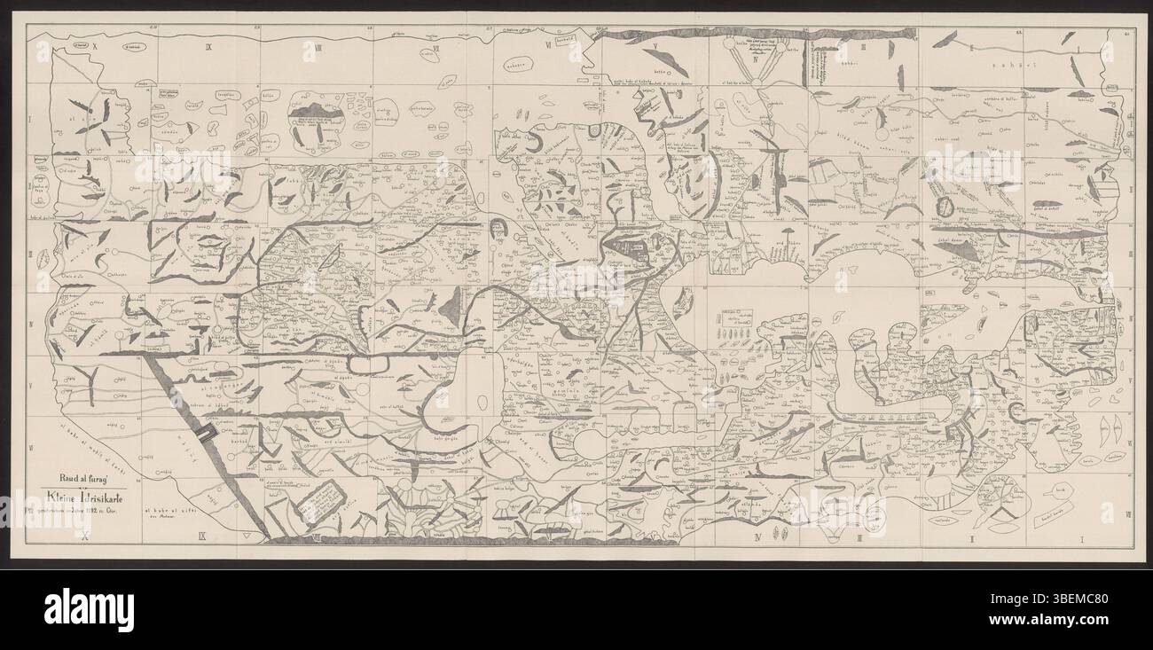 Konrad Miller (1844-1933) a produit la « petite carte d'Idrisi » en 1926, une reproduction d'une carte médiévale datant de 1192. Cette carte, créée par le cartographe arabe Al-Idrisi, illustre le monde tel qu'il était connu au moyen âge. Le travail de Miller est une reproduction savante, offrant un aperçu de la géographie médiévale et de la cartographie historique. Banque D'Images