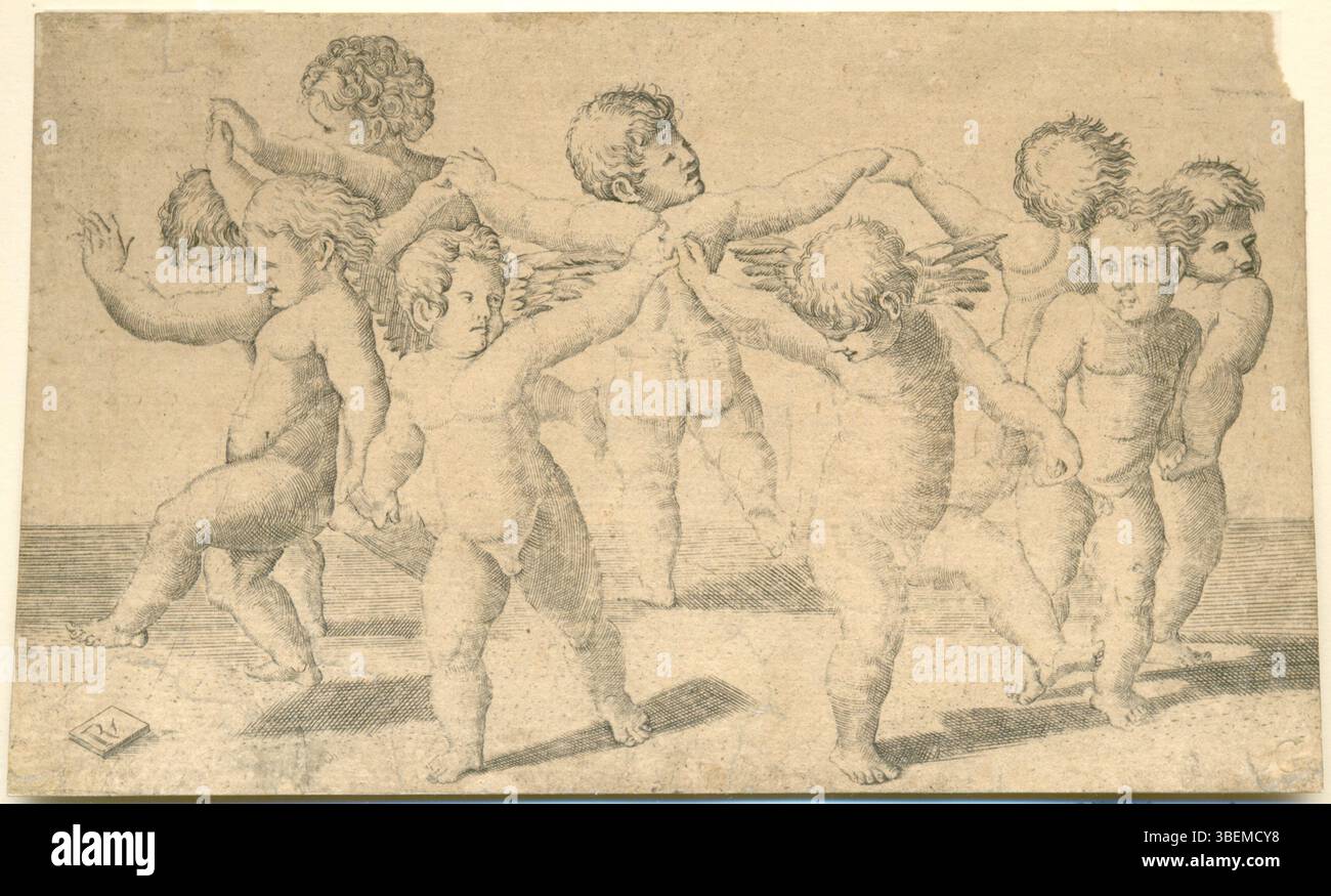Cette gravure, 'danse des Cupides', présente les œuvres de Marco Dente, Raffaello et Raimondi. Il représente une scène allégorique avec des cupidons engagés dans une danse, un motif populaire dans l'art de la Renaissance, représentant l'amour et l'innocence. Banque D'Images