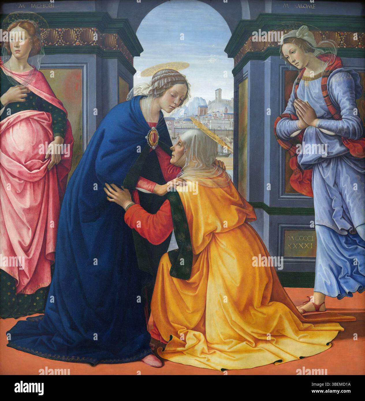Le tableau de Domenico Ghirlandaio de 1491, conservé au Louvre, représente la Visitation biblique, montrant Marie rencontrant sa cousine Elizabeth, avec Jacoba et Salomé présents. L’œuvre illustre la représentation détaillée par Ghirlandaio d’événements bibliques et de figures de style Renaissance. Banque D'Images