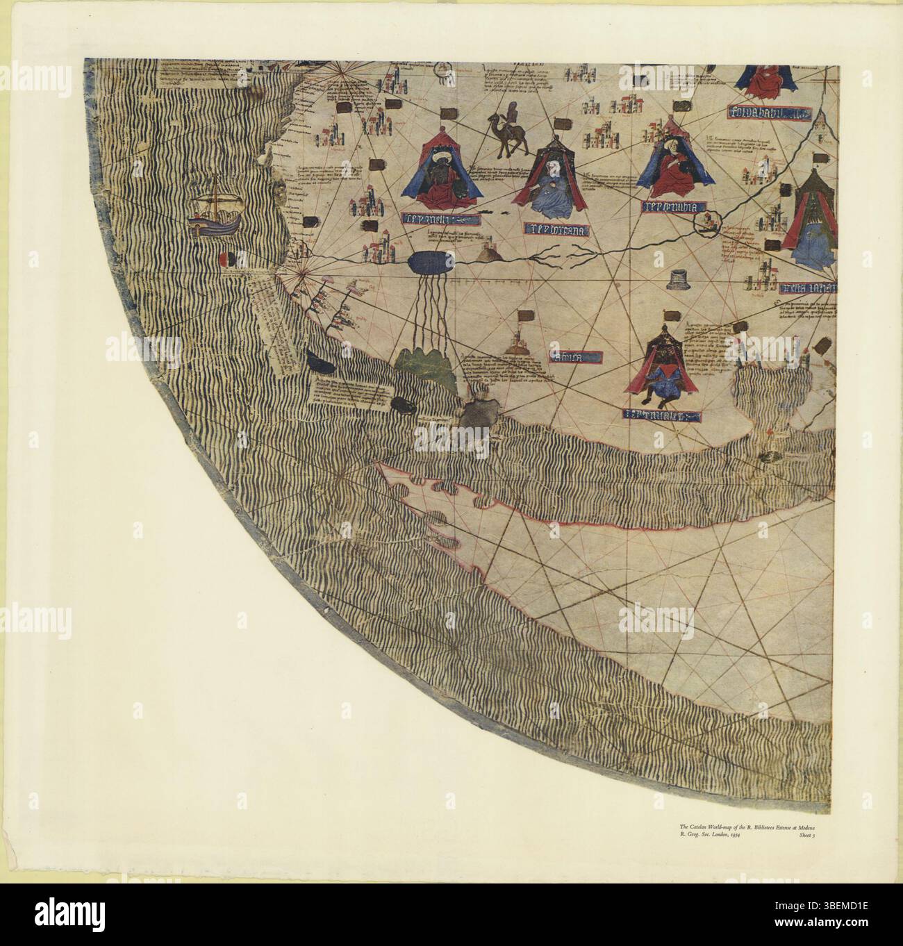 La carte du monde Catalan-Estense, créée entre 1450 et 1460, est une carte du monde médiévale montrant la connaissance géographique de l'époque. Il représente le monde connu avec des détails de l'Europe, de l'Asie et de l'Afrique, en utilisant un style distinctif et des symboles reflétant les pratiques cartographiques de l'époque. Banque D'Images