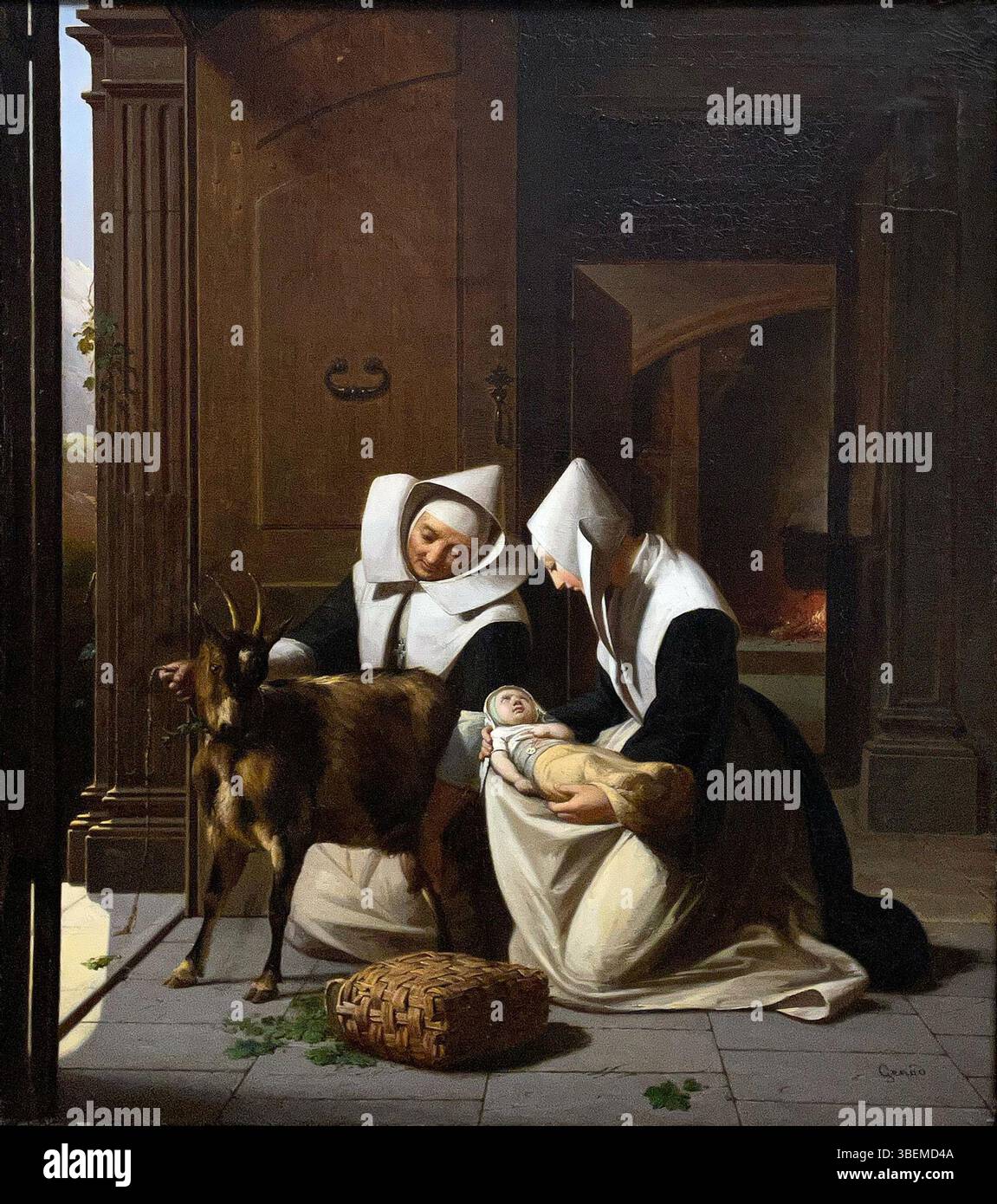 *L'enfant recueilli* de Michel Philibert Genod (1795-1862) représente le moment où un enfant abandonné est pris en charge par des religieuses. Ce tableau, créé au début du XIXe siècle, met en lumière les thèmes de la compassion et de la charité. Banque D'Images *L'enfant recueilli* de Michel Philibert Genod (1795-1862) représente le moment où un enfant abandonné est pris en charge par des religieuses. Ce tableau, créé au début du XIXe siècle, met en lumière les thèmes de la compassion et de la charité. Banque D'Images