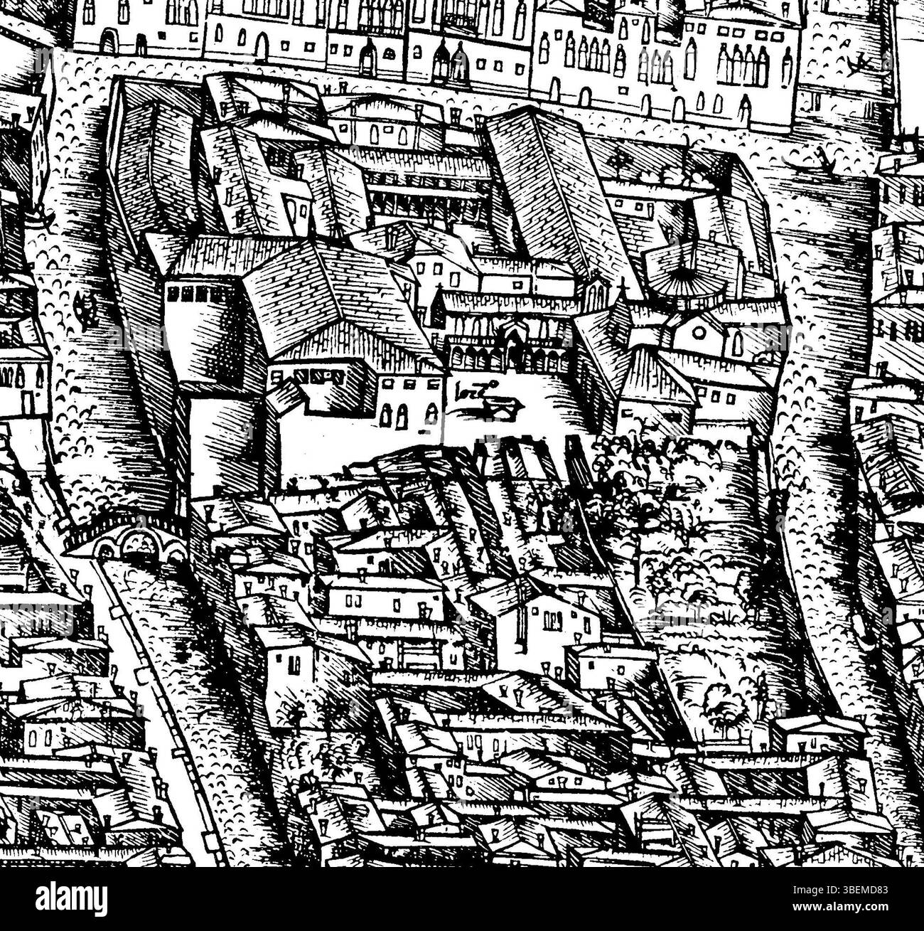 Vue du couvent de San Lorenzo depuis la carte de Venise de Jacopo de' Barbari en 1500, présentant un plan architectural. Banque D'Images