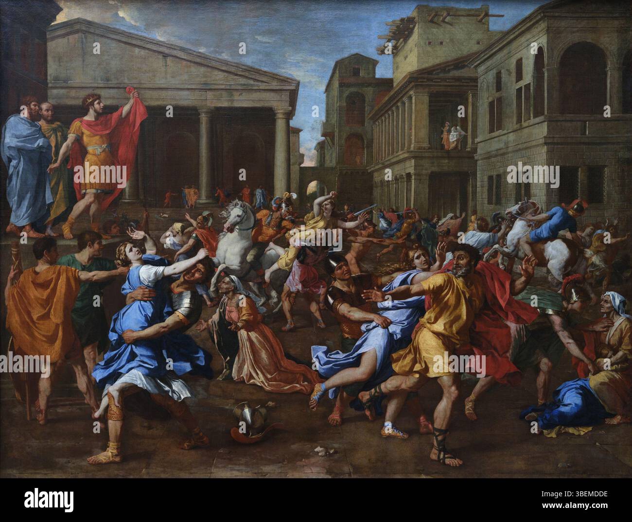 *L'enlèvement des Sabines* (1637-1638) de Nicolas Poussin représente le moment dramatique de l'histoire romaine où les Sabines ont été enlevées. La composition dynamique et le style classique font de ce tableau un exemple magistral du baroque compris Banque D'Images