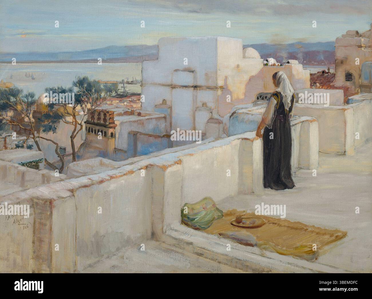 'Sur la terrasse' de Frederick Arthur Bridgman, peint en 1886, capture une scène extérieure, peut-être depuis une terrasse méditerranéenne, avec des personnages détendus à l'ombre. L’utilisation de la lumière et de la couleur par Bridgman attire l’attention sur l’atmosphère tranquille du cadre, reflétant son habileté à représenter les loisirs. Banque D'Images