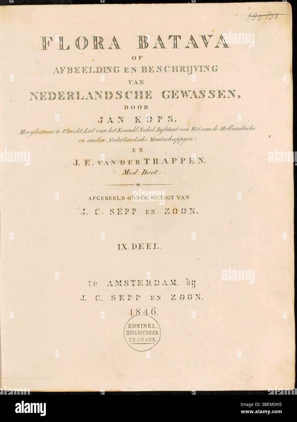La page de titre de Flora Batava volume 9, publiée en 1846 sous Jan Kops, fait partie de la série botanique néerlandaise décrivant les espèces végétales locales. Banque D'Images