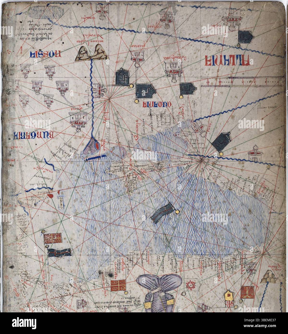 Représentation de la mer Noire de l'atlas catalan de 1375 par Abraham Cresques, montrant les détails côtiers et les routes maritimes. Banque D'Images