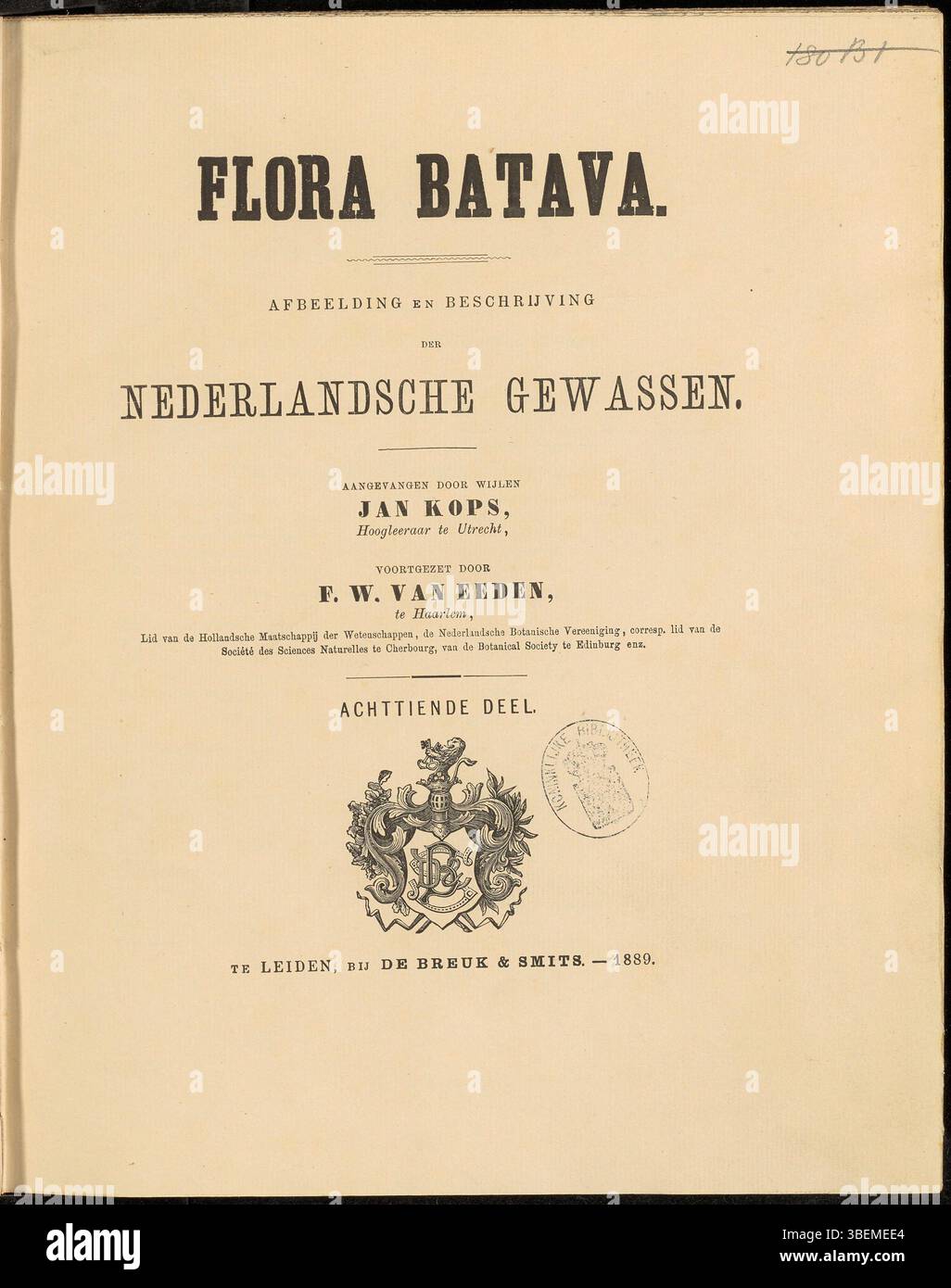 La page de titre de *Flora Batava* volume 18 (1889) de Frederik Willem van Eeden présente des illustrations détaillées de la flore hollandaise. Il constitue une source historique importante pour la recherche botanique et l'identification des plantes. Banque D'Images