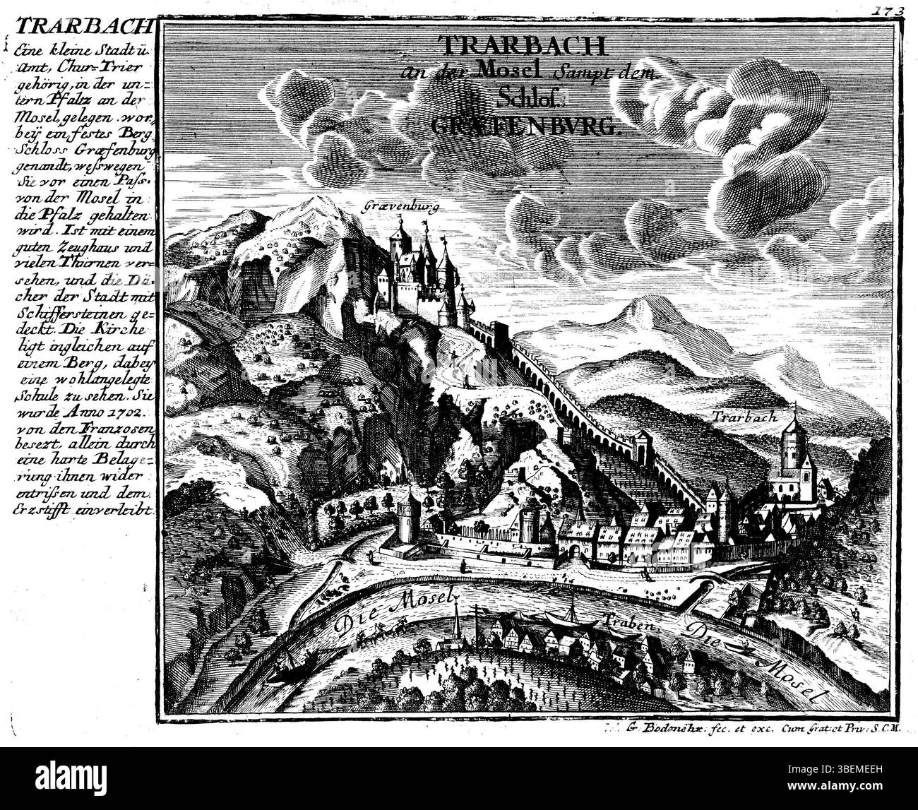 Cette gravure sur cuivre de Gabriel Bodenehr de 1720 montre la vue de Trarbach depuis le Mont Royal. L'œuvre, basée sur un modèle antérieur, offre une perspective historique de la région au XVIIIe siècle. Banque D'Images