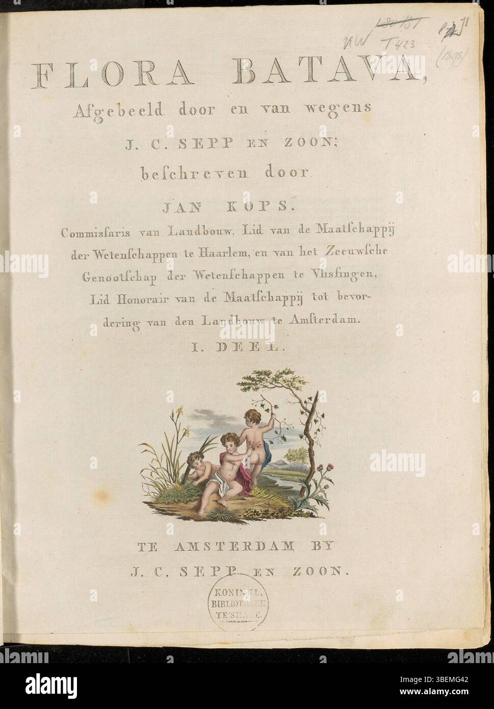 La page de titre de 'Flora Batava', volume 1, publié en 1800, présente le travail de Jan Kops, un botaniste renommé. Ce volume présente des illustrations botaniques détaillées et des descriptions de la flore hollandaise. Banque D'Images