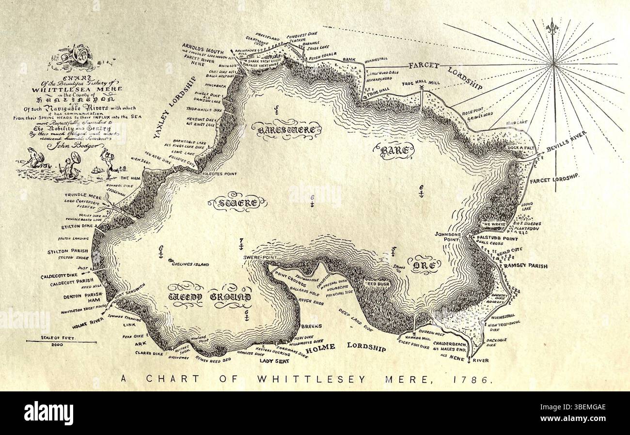 Une carte de Whittlesey Mere en Angleterre, créée en 1786 par John Bodger, représente la région avant qu'elle ne soit drainée. Ce premier travail cartographique met en valeur le paysage de la région, mettant en valeur le plan d'eau et la topographie environnante avant sa transformation au XIXe siècle. Banque D'Images