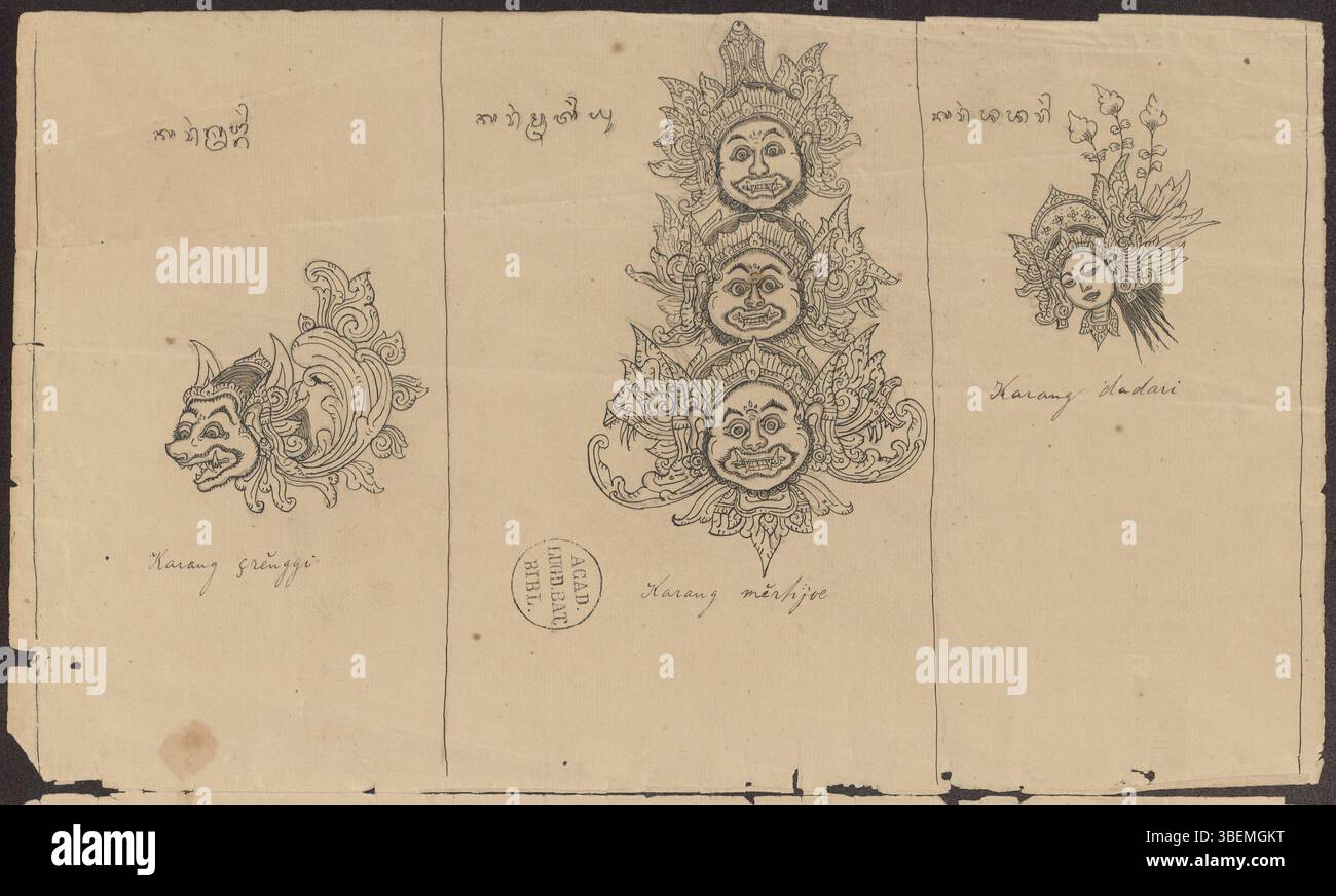 Dessin balinais avec des ornements de tête : démon à cornes Srenggi, trio d'ogre empilés, tête féminine, singe, ogre de profil et constellation d'éléphants. Créé par l'artiste no. 8 pour la série de manuscrits Van der TUUK. Banque D'Images
