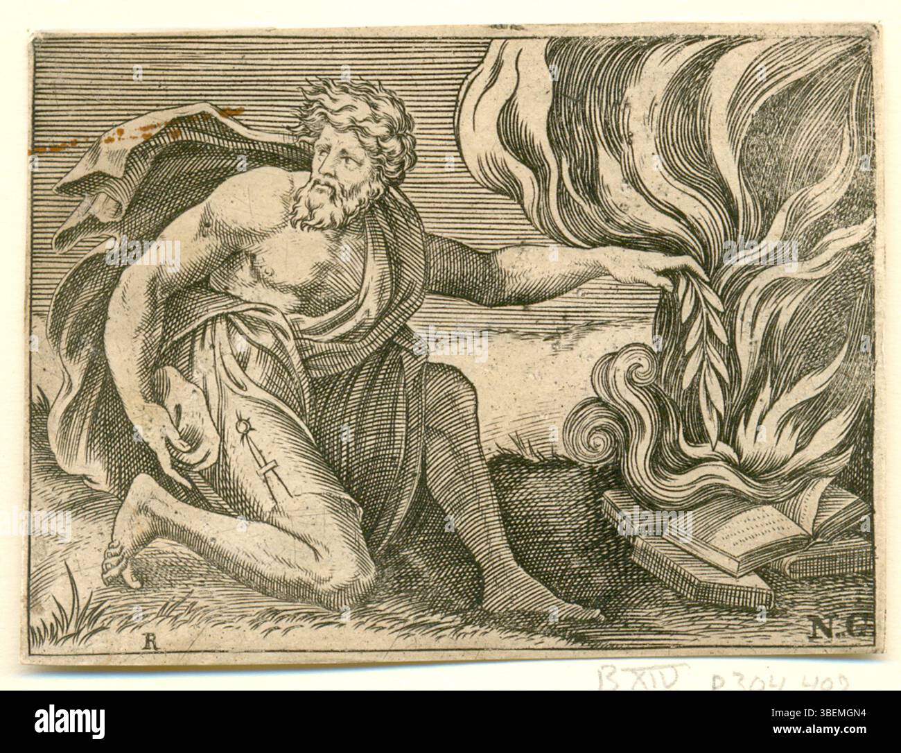 *Burning Books* est une gravure sur bois de Marco Dente, créée vers 1500-1527. La pièce illustre l'acte destructeur de la combustion de livres, souvent associé à des conflits intellectuels et politiques pendant la période de la Renaissance. Banque D'Images