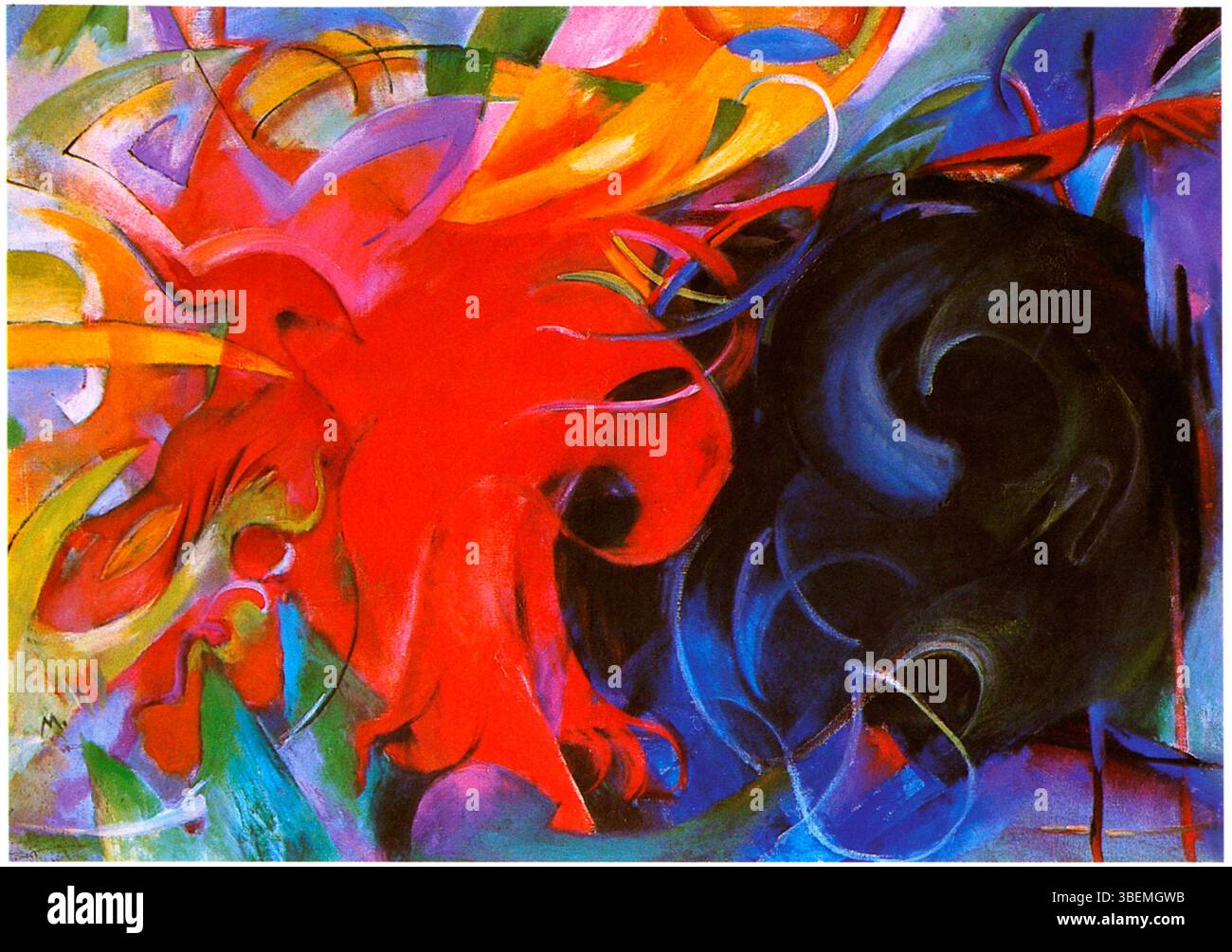 *Kämpfende Formen* (Fighting Formen) de Franz Marc (1914) illustre le style de l'artiste en termes d'utilisation audacieuse des couleurs et d'abstraction. La pièce représente visuellement le conflit à travers des formes imbriquées, mélangeant mouvement et intensité. Banque D'Images *Kämpfende Formen* (Fighting Formen) de Franz Marc (1914) illustre le style de l'artiste en termes d'utilisation audacieuse des couleurs et d'abstraction. La pièce représente visuellement le conflit à travers des formes imbriquées, mélangeant mouvement et intensité. Banque D'Images