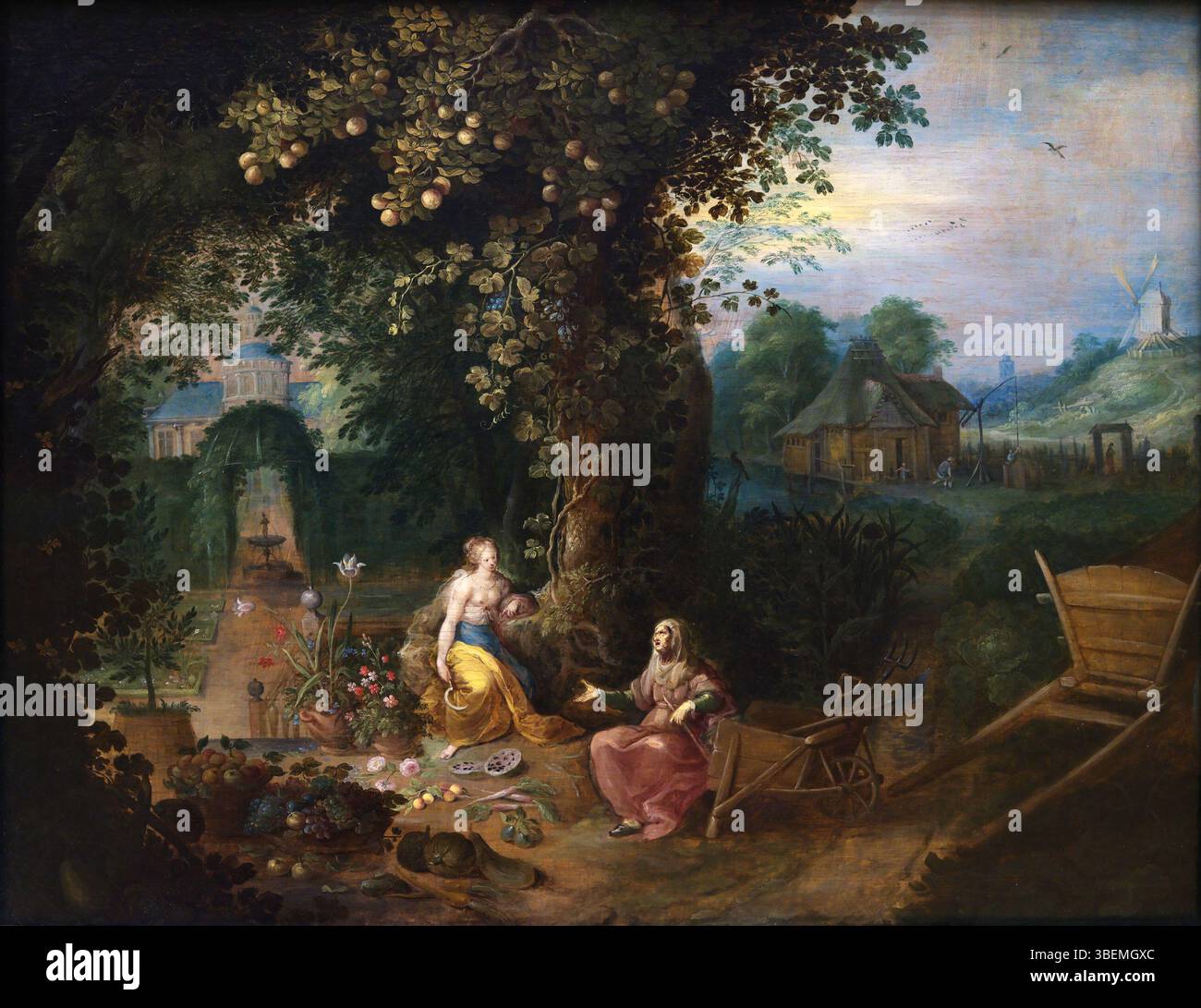 Ce tableau du XVIIe siècle, *Vertumne et Pomone*, de Frans II Francken, est conservé au musée du Louvre. Il représente les dieux mythologiques Vertumnus et Pomona, explorant les thèmes de la transformation et de l'amour dans la mythologie classique. L’œuvre, créée entre 1600 et 1650, est une représentation de l’art baroque et de l’interprétation artistique des mythes romains. Banque D'Images