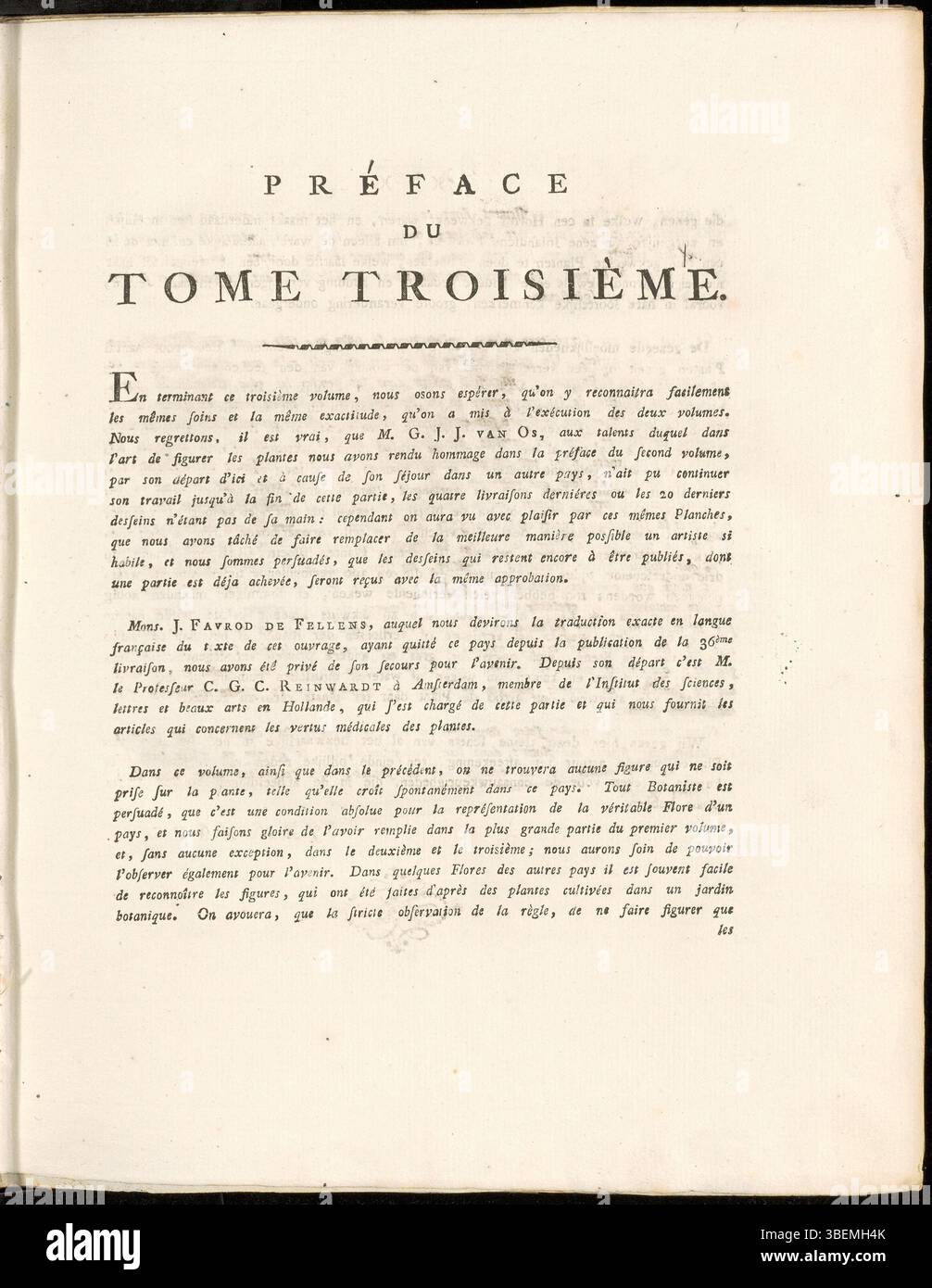 La préface du volume 3 de Flora Batava, écrite en français, introduit la troisième partie de cette importante œuvre botanique de Jan Kops. Il fournit un contexte et des informations sur la compilation des espèces végétales décrites dans le volume. Banque D'Images