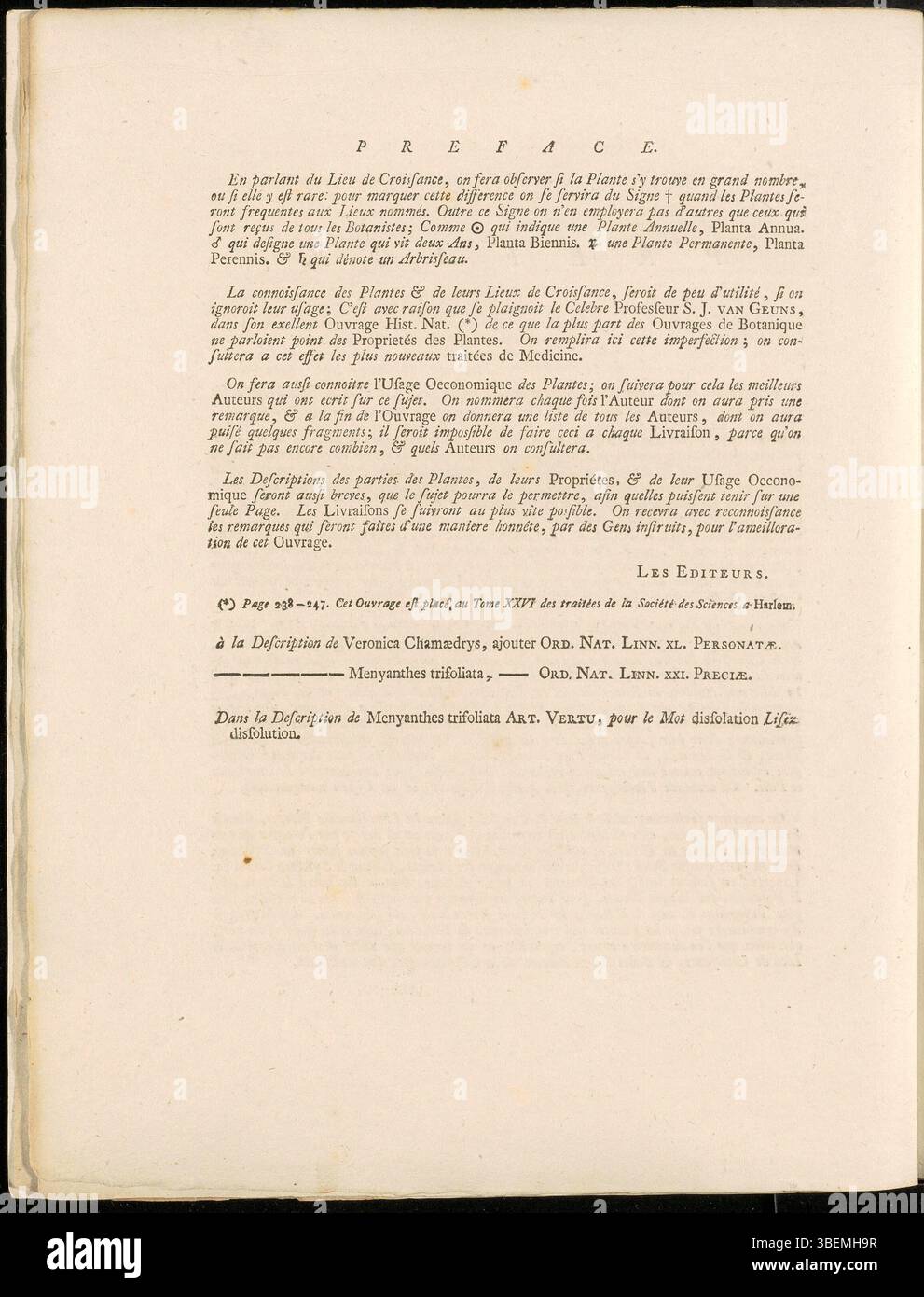 La préface du volume 1 de Flora Batava, écrite en français par Jan Kops en 1800, introduit cette œuvre botanique fondamentale. Flora Batava est une compilation complète d'espèces végétales des pays-Bas, fournissant des illustrations détaillées et des descriptions de la flore. Banque D'Images