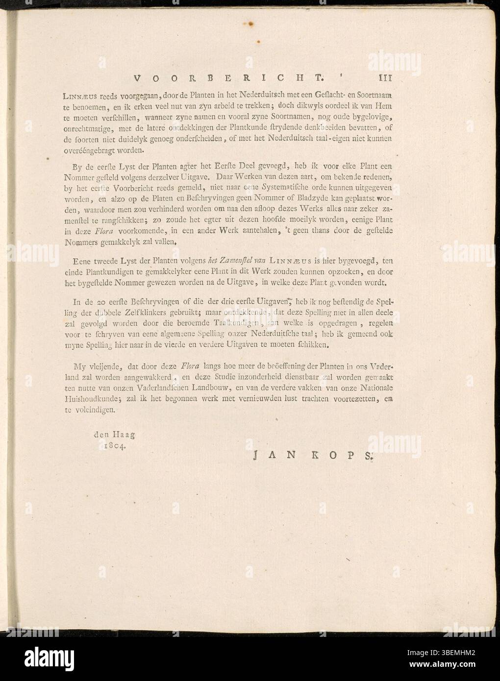 Il s'agit de la troisième partie de la préface néerlandaise du volume 1 de la Flora Batava, écrite par Jan Kops en 1807. Il conclut l'introduction aux travaux, en résumant les objectifs de la documentation et de la classification des plantes des pays-Bas. Banque D'Images