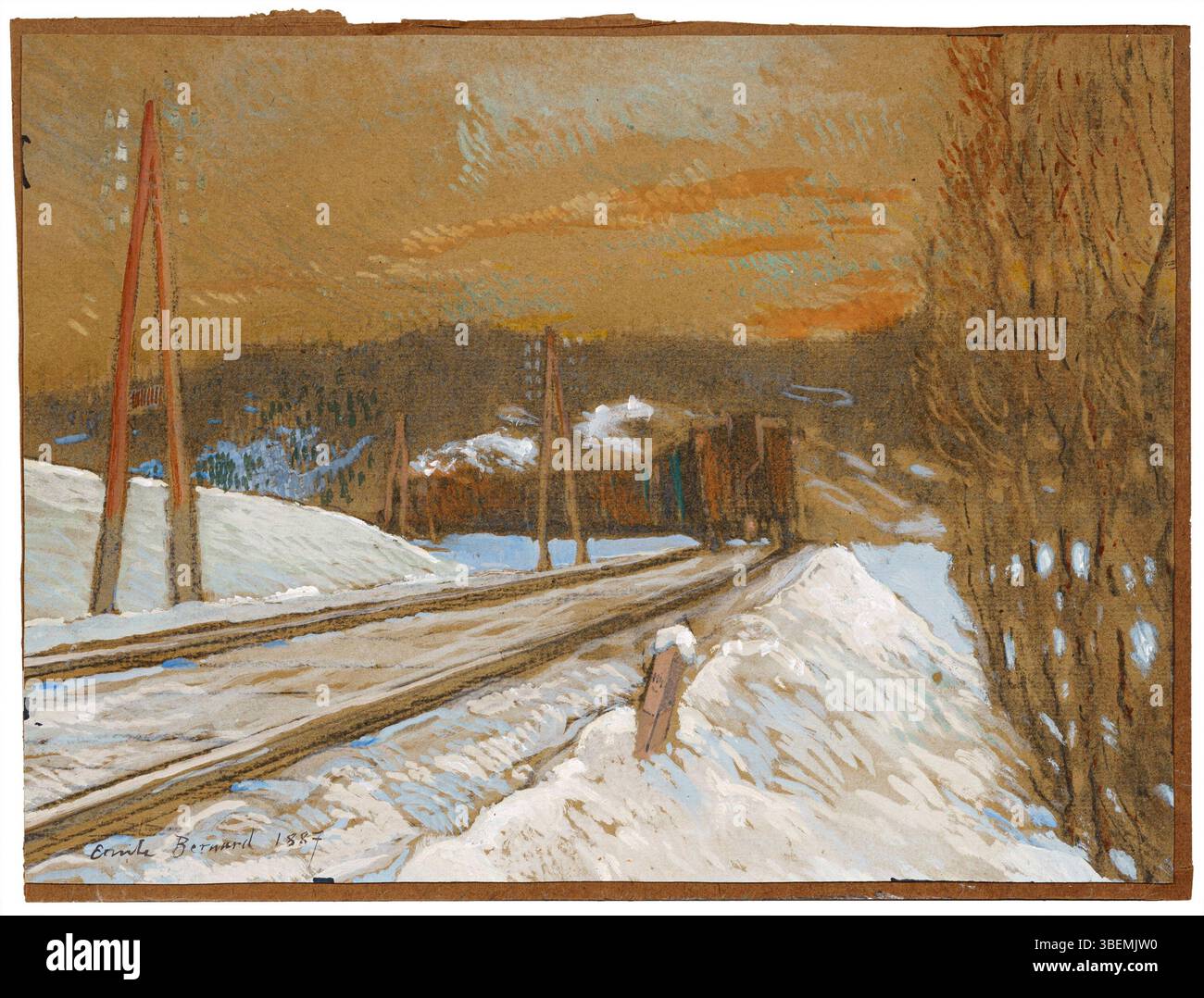 Ce dessin à l'aquarelle, à la gouache et au fusain de 1887 d'Émile Bernard représente une scène hivernale le long d'une voie ferrée. Signé et daté par l'artiste, il mesure 29,5 x 39,7 cm et comporte un timbre de Prague au verso. Banque D'Images