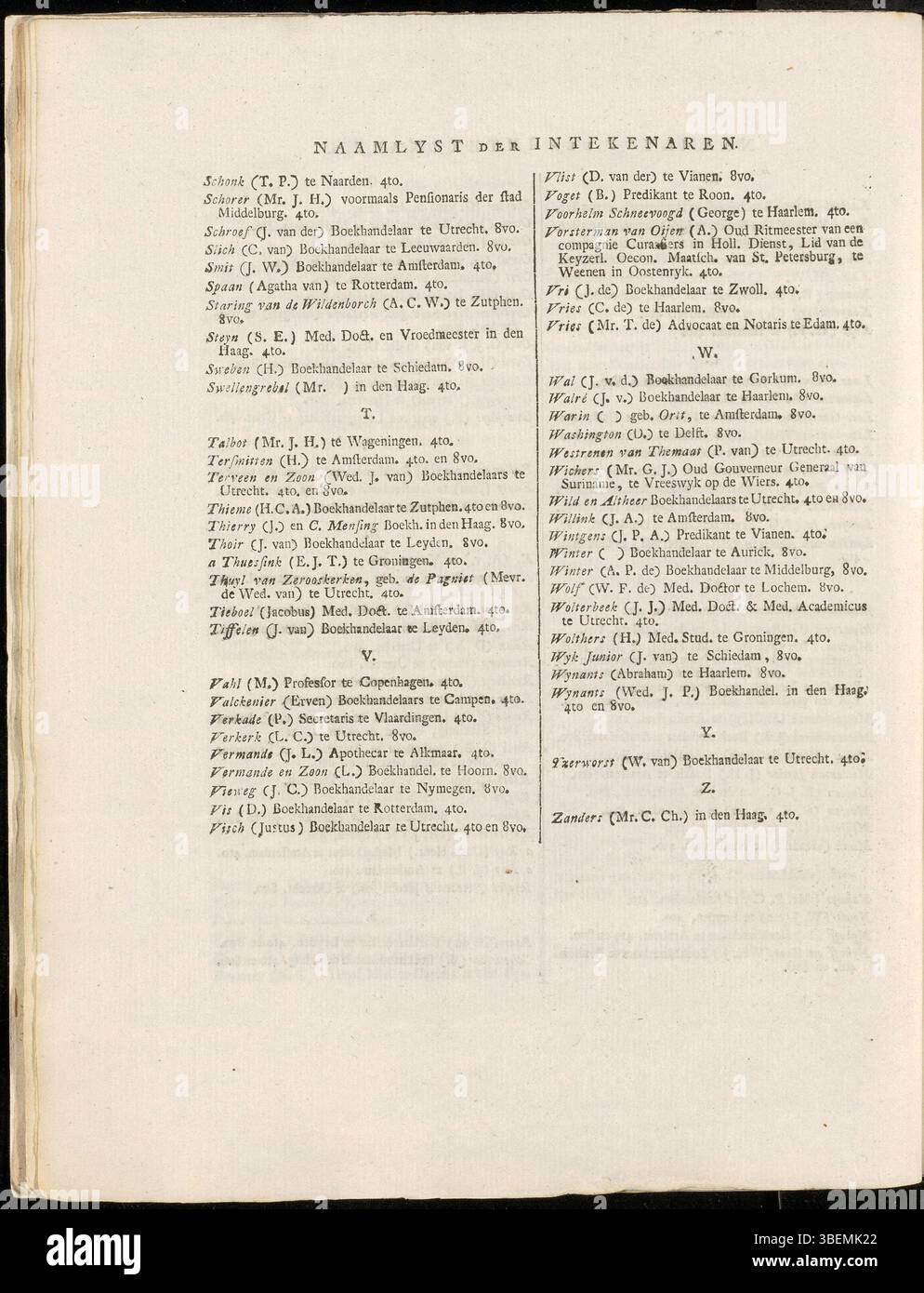 Cette page de Flora Batava de Jan Kops dresse la liste des abonnés à l'édition 1800, mettant en évidence l'intérêt généralisé pour l'œuvre. Les abonnés ont été la clé de sa publication et de sa distribution. Banque D'Images