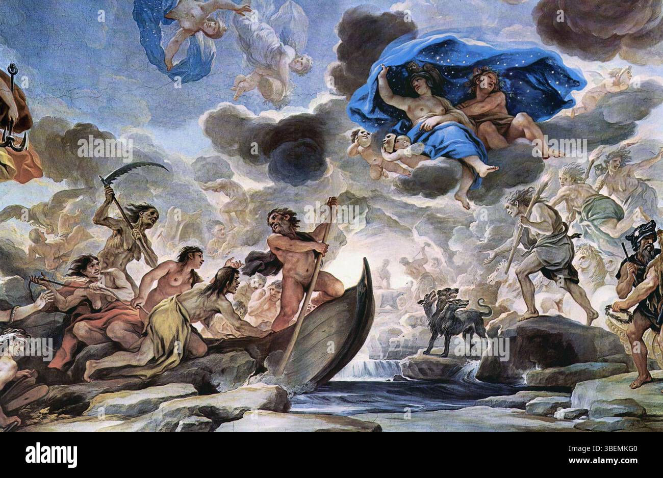 La fresque de Luca Giordano, peinte entre 1684 et 1686, fait partie de la Galerie du Palazzo Medici-Riccardi à Florence. La scène représente le bateau de Charon, le sommeil de la nuit et Morphée, mettant en valeur l'utilisation dramatique de la couleur et du mouvement par Giordano dans le baroque entier Banque D'Images