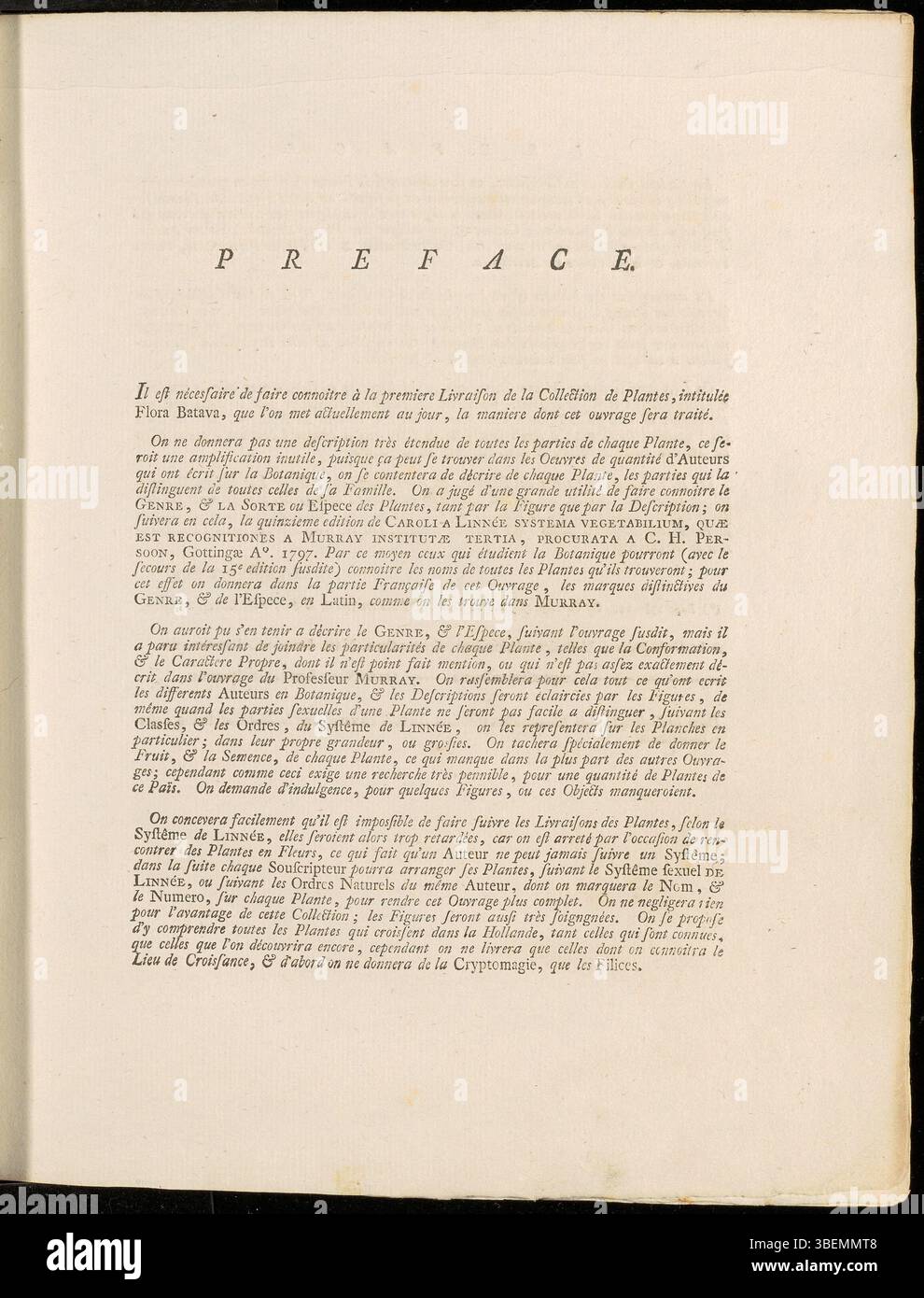 La préface de Jan Kops à l'édition 1800 de 'Flora Batava' présente son travail influent sur les espèces végétales des pays-Bas. La préface jette les bases d'une étude botanique complète de la flore de la région, soulignant l'importance d'une classification précise des plantes. Banque D'Images