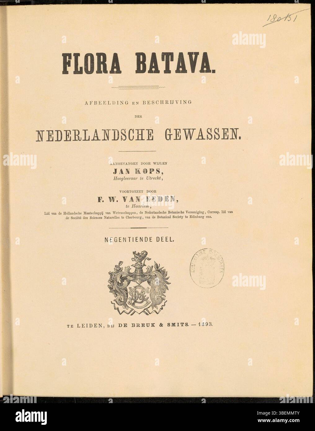 La page de titre de *Flora Batava* volume 19 (1893) de Frederik Willem van Eeden présente des illustrations botaniques détaillées de plantes hollandaises. Il reste une référence botanique incontournable pour les chercheurs et les passionnés de la flore hollandaise. Banque D'Images