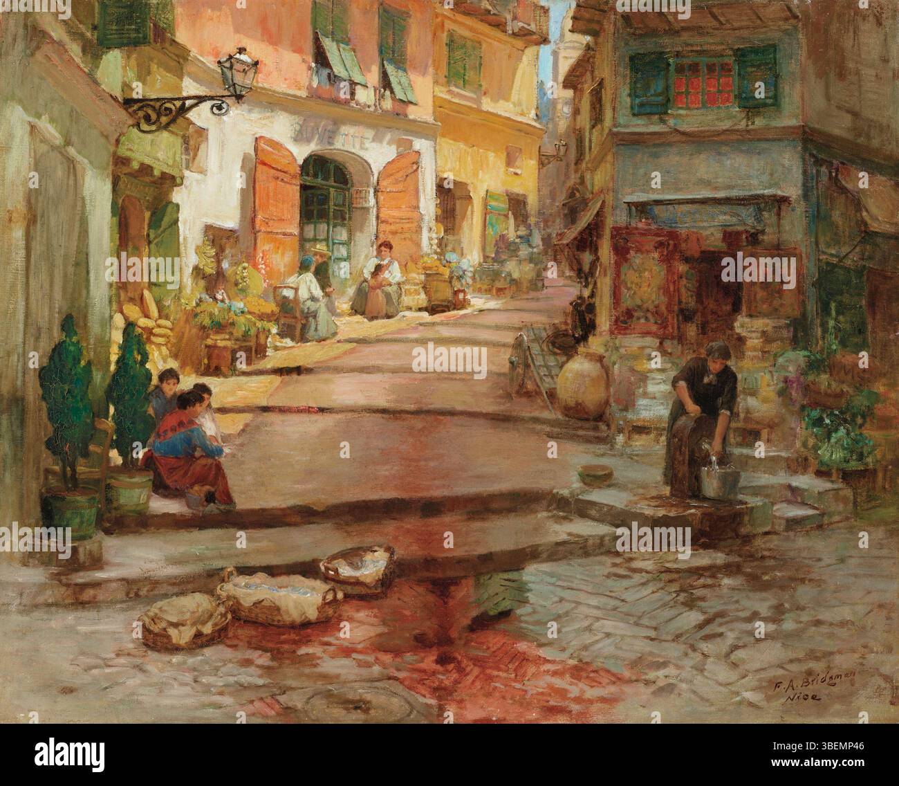 La *Rue droite dans le Vieux Nice* de Frederick Arthur Bridgman, peinte à la fin du XIXe siècle, représente une scène de rue dans la partie historique de Nice, capturant l'architecture et la vie quotidienne dans le sud de la France. Banque D'Images