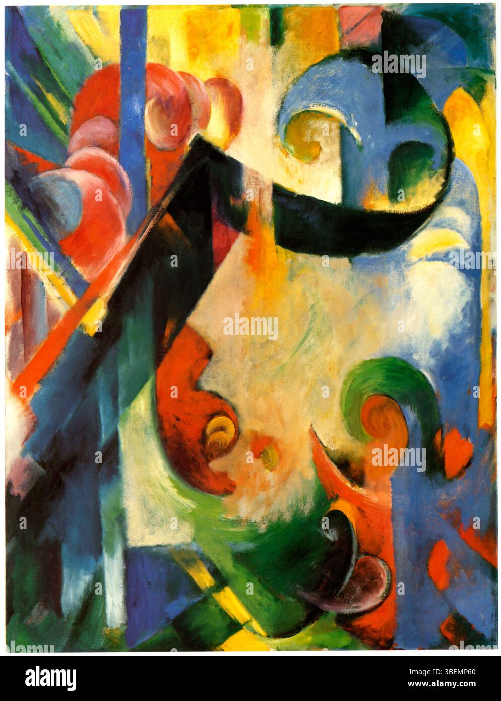 Zerbrochene Formen (formes brisées) est une peinture de Franz Marc qui plonge dans la complexité de la forme abstraite et de la couleur. La pièce est le reflet de l’exploration de Marc du brokenness, à la fois en termes physiques et émotionnels, en utilisant des lignes fortes et fracturées et des couleurs vives pour transmettre un sentiment de tension et de transformation. Banque D'Images