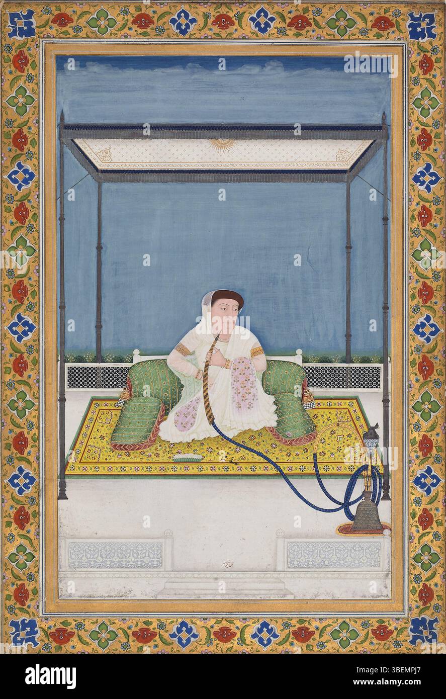 Portrait de Begum Samru, daté de 1810-1820, la montrant assise et fumant un narguilé. Peint à Delhi en utilisant des pigments opaques et or sur papier. Signé par l'artiste Khairullah. Image : 22,7 x 14 cm. Banque D'Images Portrait de Begum Samru, daté de 1810-1820, la montrant assise et fumant un narguilé. Peint à Delhi en utilisant des pigments opaques et or sur papier. Signé par l'artiste Khairullah. Image : 22,7 x 14 cm. Banque D'Images