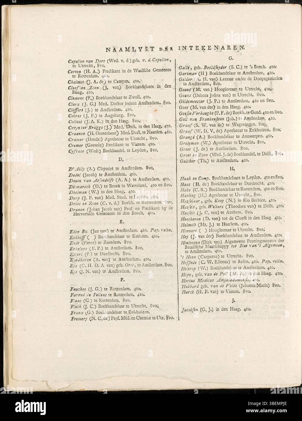 Page 2 de la liste des abonnés de Jan Kops' Flora Batava. Ce document comprend les noms des personnes et des institutions qui ont appuyé la publication de l'ouvrage botanique complet en 1800. Banque D'Images