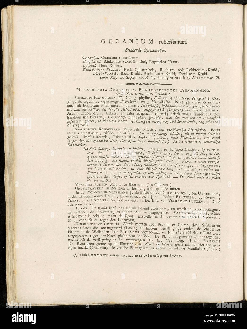 La planche 0048 de Flora Batava de Jan Kops (1765-1849) décrit Geranium robertianum, communément appelé Herb Robert. Cette plante, trouvée dans les bois et les haies européennes, est reconnue pour ses utilisations médicinales et ses tiges rouges caractéristiques, comme indiqué dans la description botanique de 1800. Banque D'Images