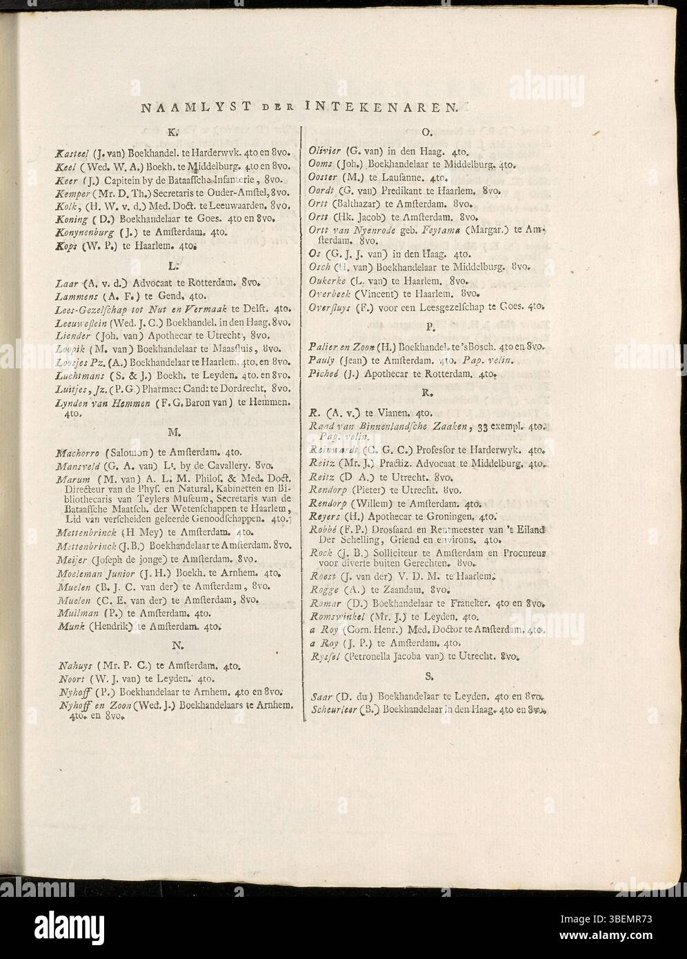 Ceci est la troisième page de la liste des abonnés de Flora Batava (KB Edition), 1800. Il continue à répertorier les personnes qui ont contribué à la publication de ce travail botanique complet, cataloguant les plantes des pays-Bas. Banque D'Images