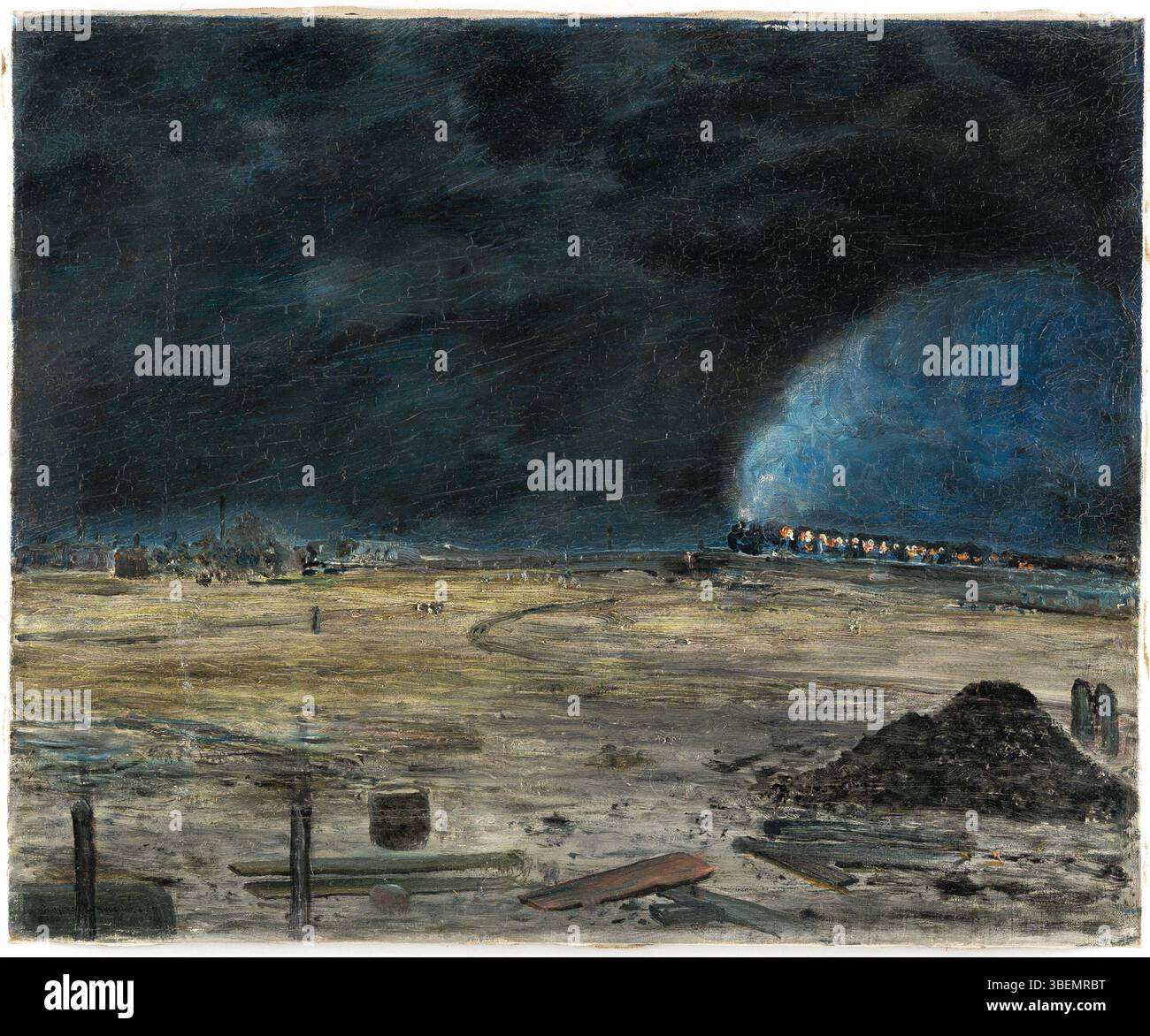 Peinture huile sur toile intitulée 'train de nuit' par Joachim Ringelnatz, créée en 1926. L'œuvre mesure 40 x 49 cm. Banque D'Images